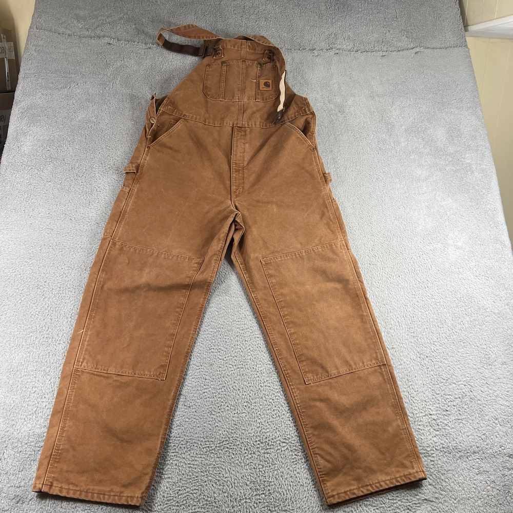 Vintage Carhartt Bib Overalls Men 38x32 Brown R42 Flannel Lined Duck Double Knee